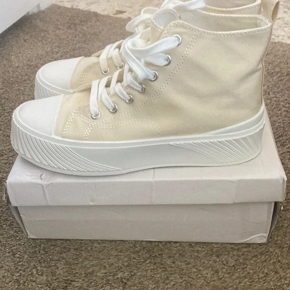 Women's Beige High-Top Sneakers - Picture 1 of 7